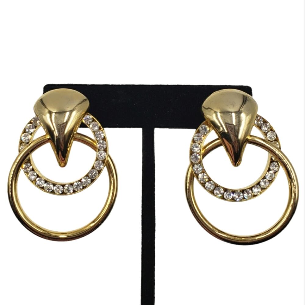Vintage 80s Statement Earrings Rhinestones Gold Tone